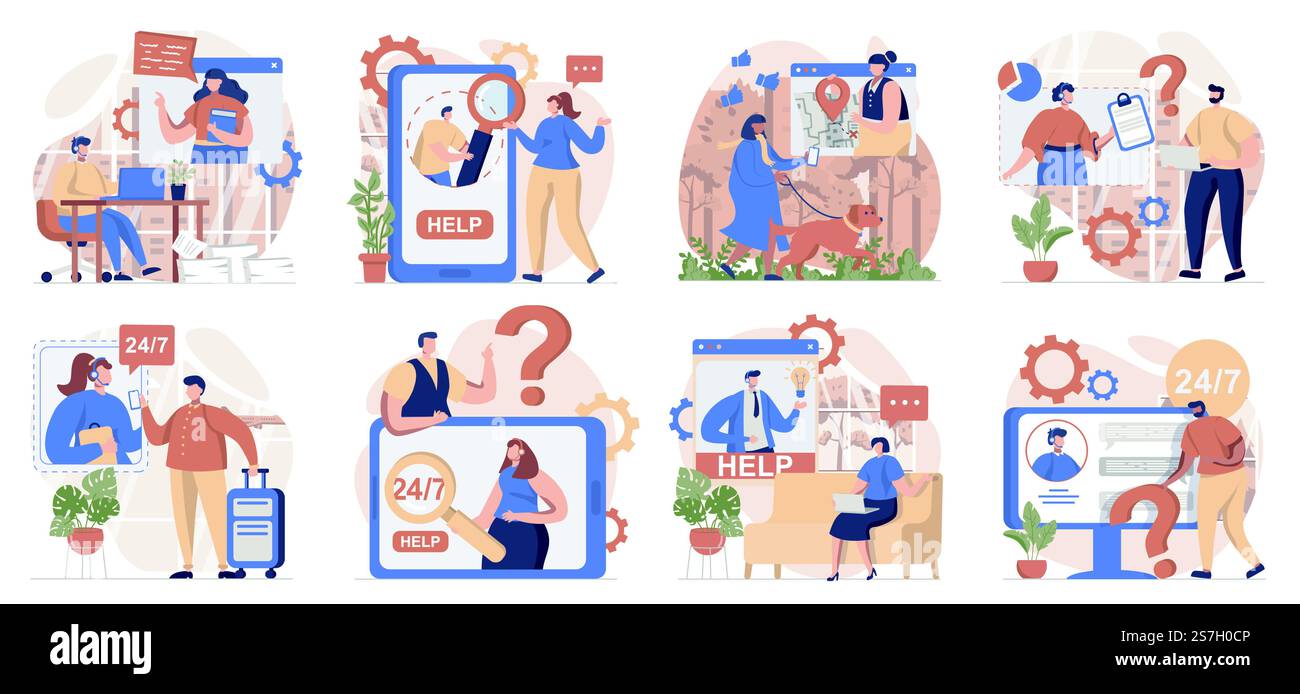 Raccolta assistente virtuale di scene isolate. Le persone chiamano e inviano messaggi all'assistenza clienti, con un design piatto. Illustrazione vettoriale per blog, sito Web, app mobile, materiali promozionali. Illustrazione Vettoriale