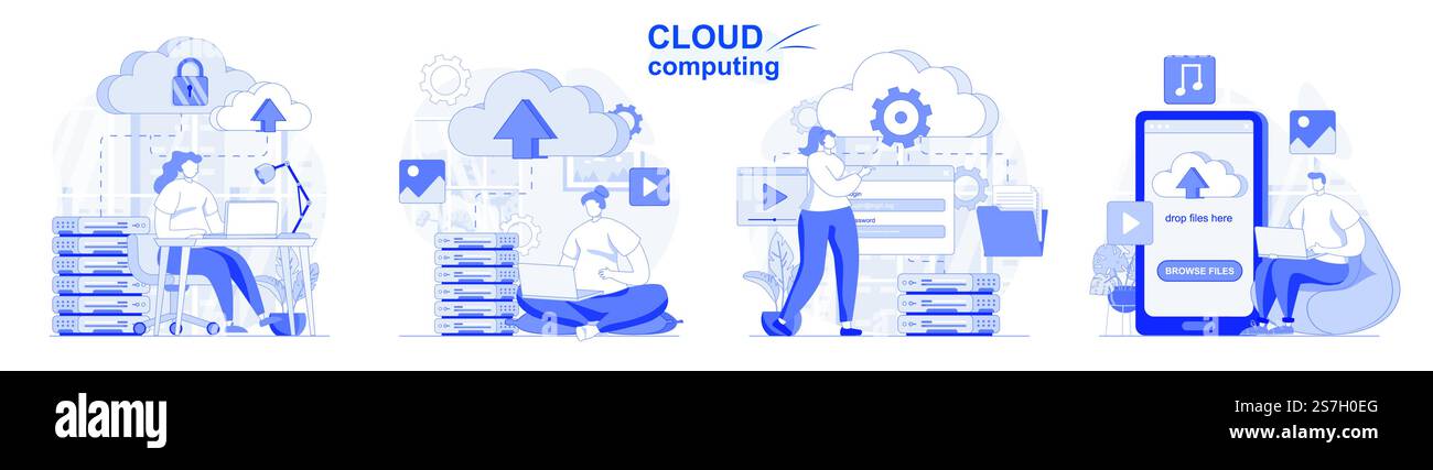 Ambiente isolato di cloud computing con design piatto. Le persone caricano file, archiviano ed elaborano la raccolta di dati delle scene. Illustrazione vettoriale per blog, sito Web, app mobile, materiali promozionali. Illustrazione Vettoriale