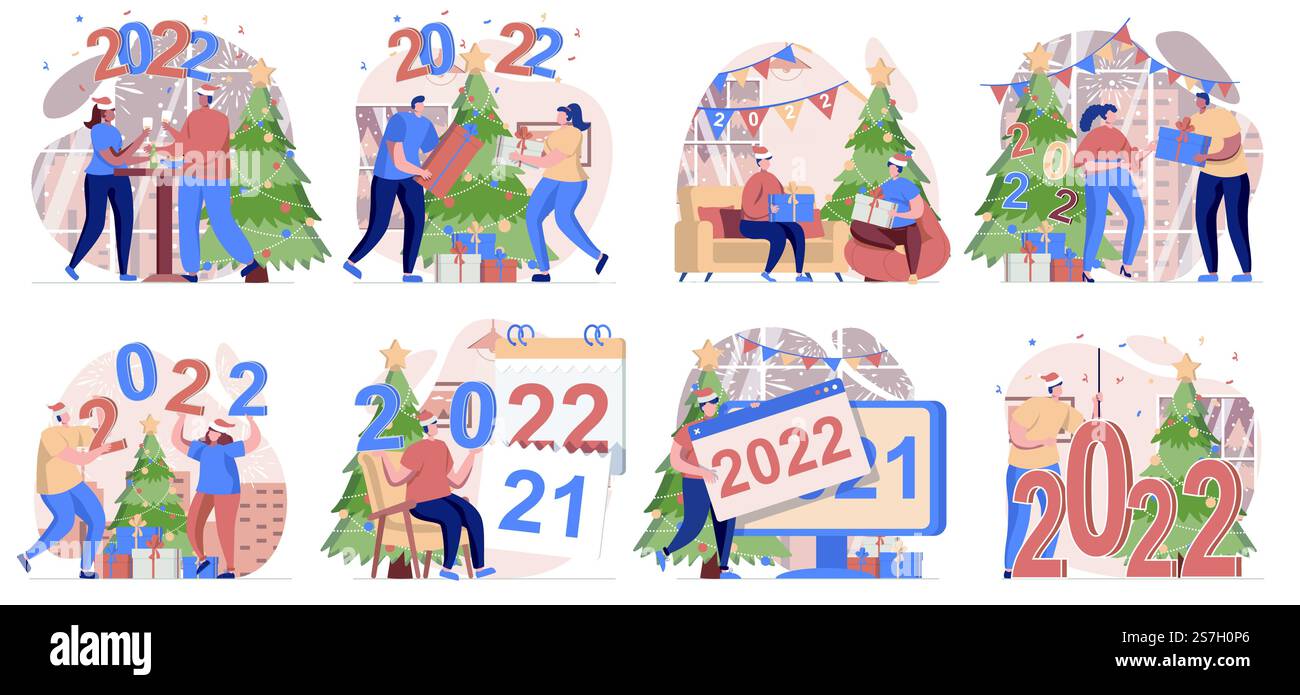 Happy New Year raccolta di scene isolate. Persone che festeggiano le festività del 2022 a casa, con un design piatto. Illustrazione vettoriale per blog, sito Web, app mobile, materiali promozionali. Illustrazione Vettoriale