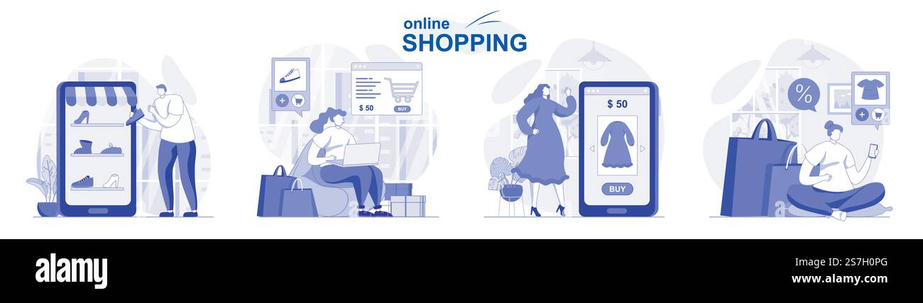 Set isolato per lo shopping online con design piatto. Le persone scelgono i vestiti e pagano per gli acquisti sul posto, la raccolta di scene. Illustrazione vettoriale per blog, sito Web, app mobile, materiali promozionali. Illustrazione Vettoriale