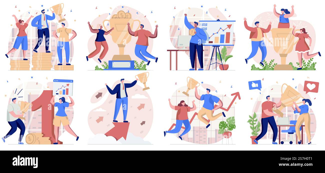 Raccolta di premi aziendali di scene isolate. Persone che celebrano il successo, raggiungono gli obiettivi e vincono, ambientate in un design piatto. Illustrazione vettoriale per blog, sito Web, app mobile, materiali promozionali. Illustrazione Vettoriale