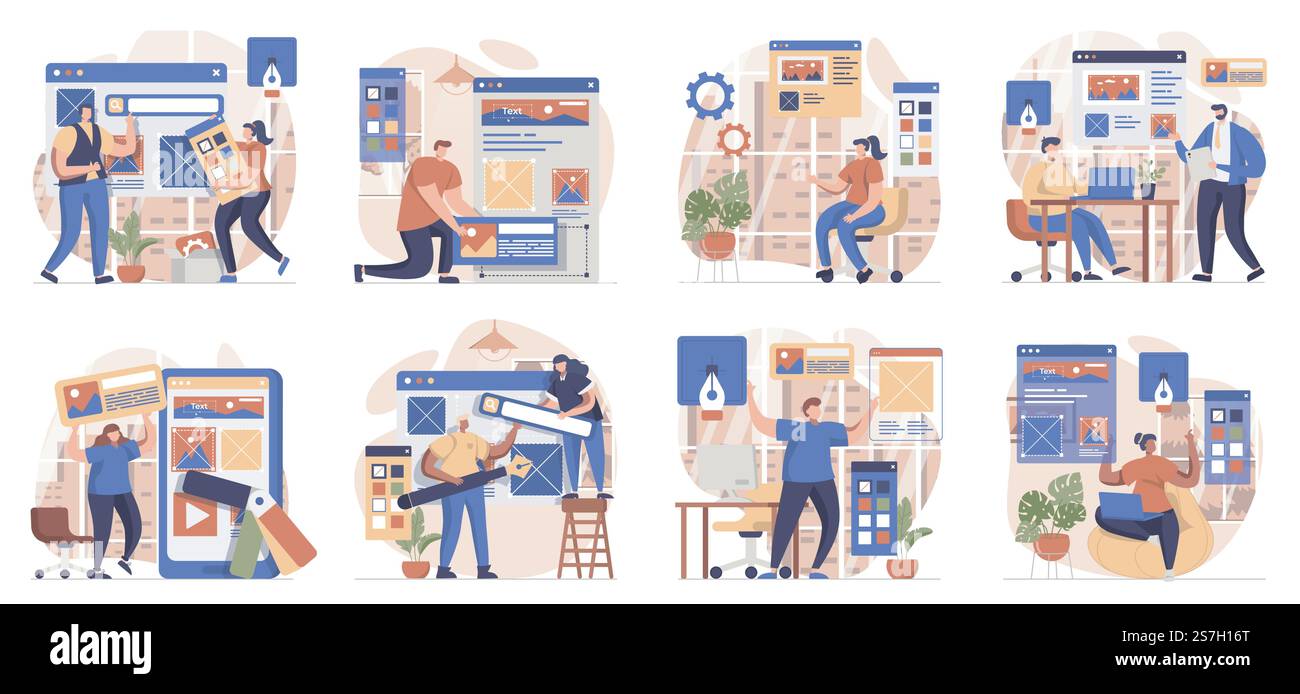 Web design Collection di scene isolate. Le persone creano il layout del sito Web, inseriscono elementi e grafica, impostandoli in un design piatto. Illustrazione vettoriale per blog, sito Web, app mobile, materiali promozionali. Illustrazione Vettoriale