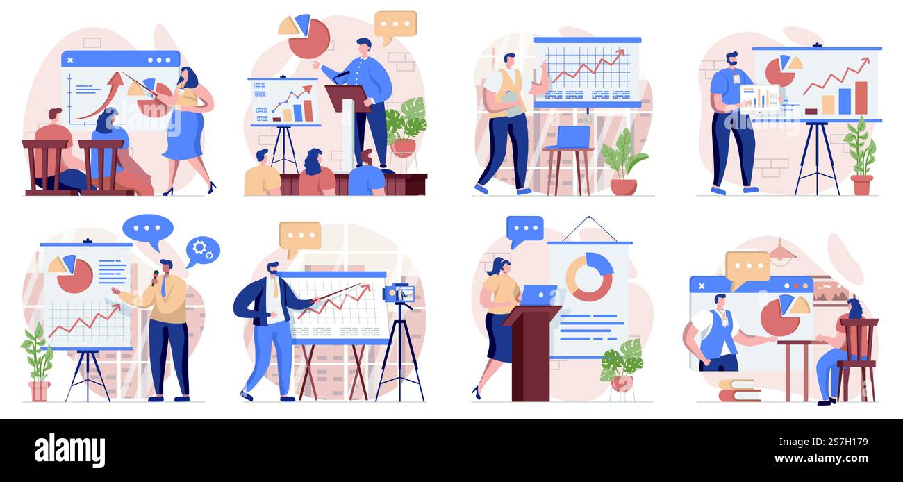 Raccolta di scene isolate da parte del coach. Le persone imparano con la formazione aziendale, lo sviluppo professionale, il design piatto. Illustrazione vettoriale per blog, sito Web, app mobile, materiali promozionali. Illustrazione Vettoriale