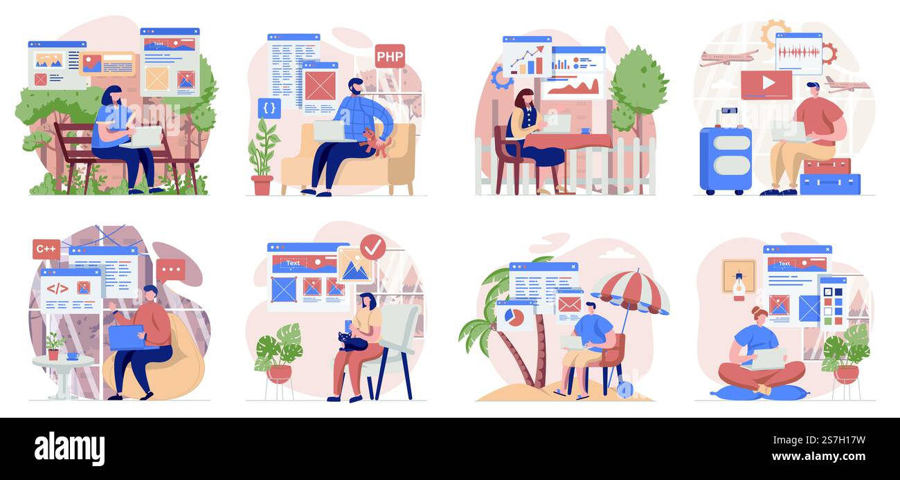 Collezione di scene isolate per lavoro freelance. Le persone lavorano con i notebook in remoto dal luogo di lavoro, con un design piatto. Illustrazione vettoriale per blog, sito Web, app mobile, materiali promozionali. Illustrazione Vettoriale