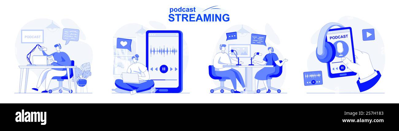 Set isolato per lo streaming di podcast in design piatto. Le persone effettuano trasmissioni o registrazioni online in studio, raccolte di scene. Illustrazione vettoriale per blog, sito Web, app mobile, materiali promozionali. Illustrazione Vettoriale