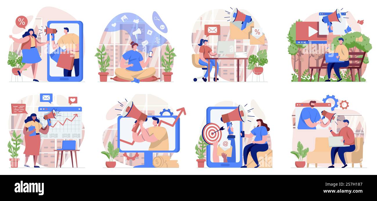 Raccolta di scene isolate per il marketing digitale. Le persone promuovono online e fanno campagne pubblicitarie, ambientate in un design piatto. Illustrazione vettoriale per blog, sito Web, app mobile, materiali promozionali. Illustrazione Vettoriale