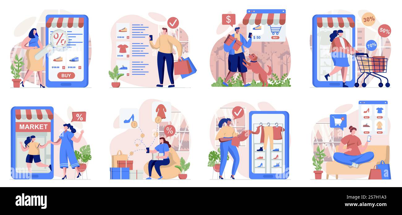 Raccolta di scene isolate per il commercio mobile. Le persone fanno acquisti e pagano gli ordini nelle app, con design piatto. Illustrazione vettoriale per blog, sito Web, app mobile, materiali promozionali. Illustrazione Vettoriale