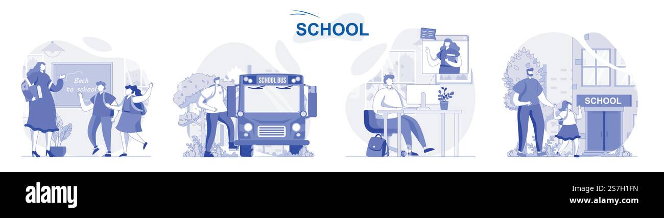 Set isolato a scuola con design piatto. Le persone ricevono istruzione, gli alunni e gli studenti imparano con la raccolta di scene delle lezioni. Illustrazione vettoriale per blog, sito Web, app mobile, materiali promozionali. Illustrazione Vettoriale