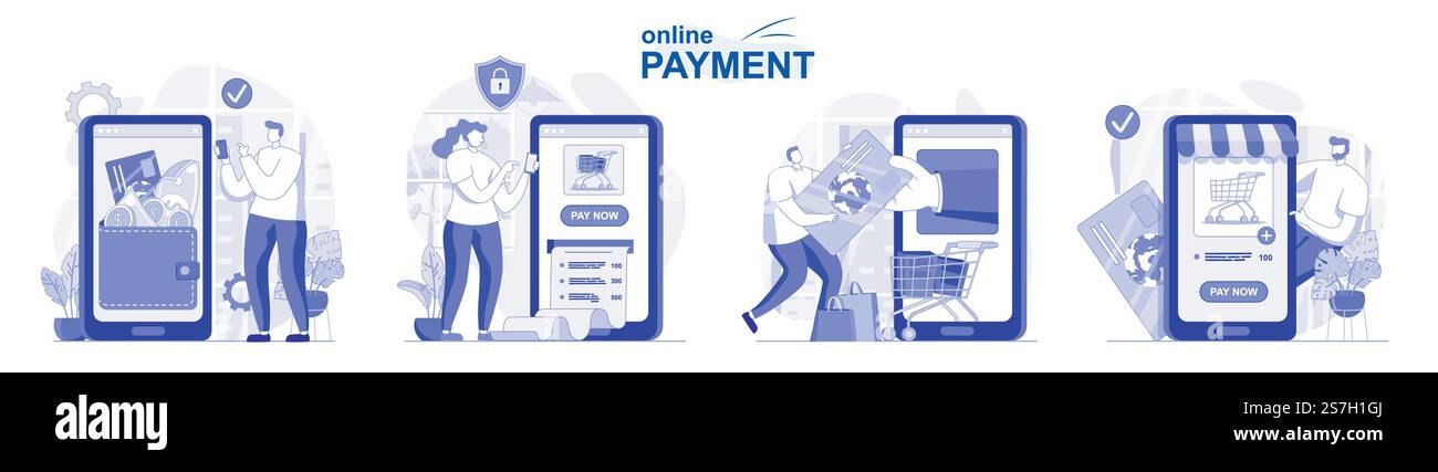 Set isolato di pagamento online in design piatto. Persone che effettuano transazioni bancarie utilizzando applicazioni, raccolte di scene. Illustrazione vettoriale per blog, sito Web, app mobile, materiali promozionali. Illustrazione Vettoriale