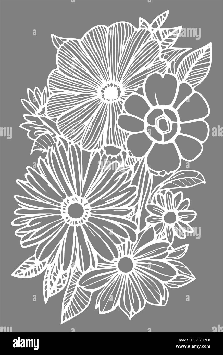 disegno grafico bianco di contorno di un bouquet di fiori su sfondo grigio, disegno Foto Stock