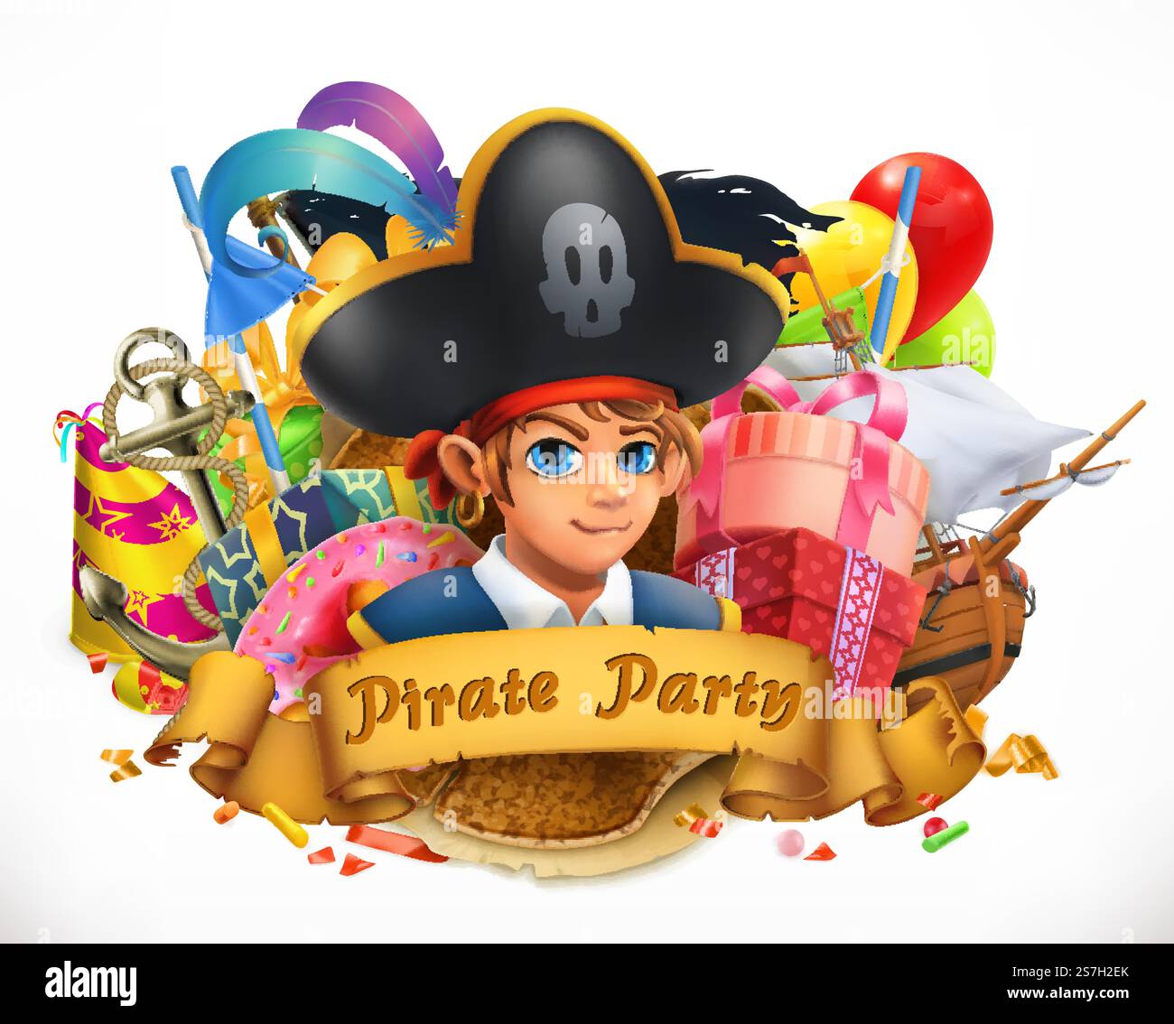 Festa dei pirati. Emblema vettoriale 3d per le vacanze dei bambini Illustrazione Vettoriale