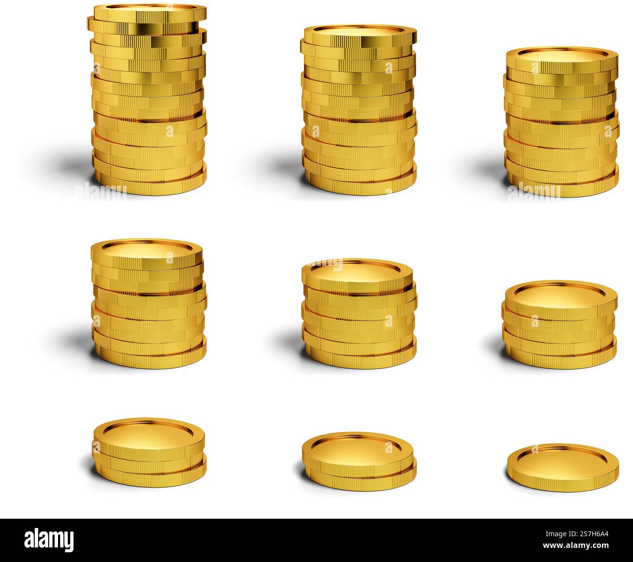 Diverse pile di monete d'oro neutro con bordo scanalato e senza rilievo su sfondo trasparente con ombre gocciolanti semi-trasparenti Foto Stock