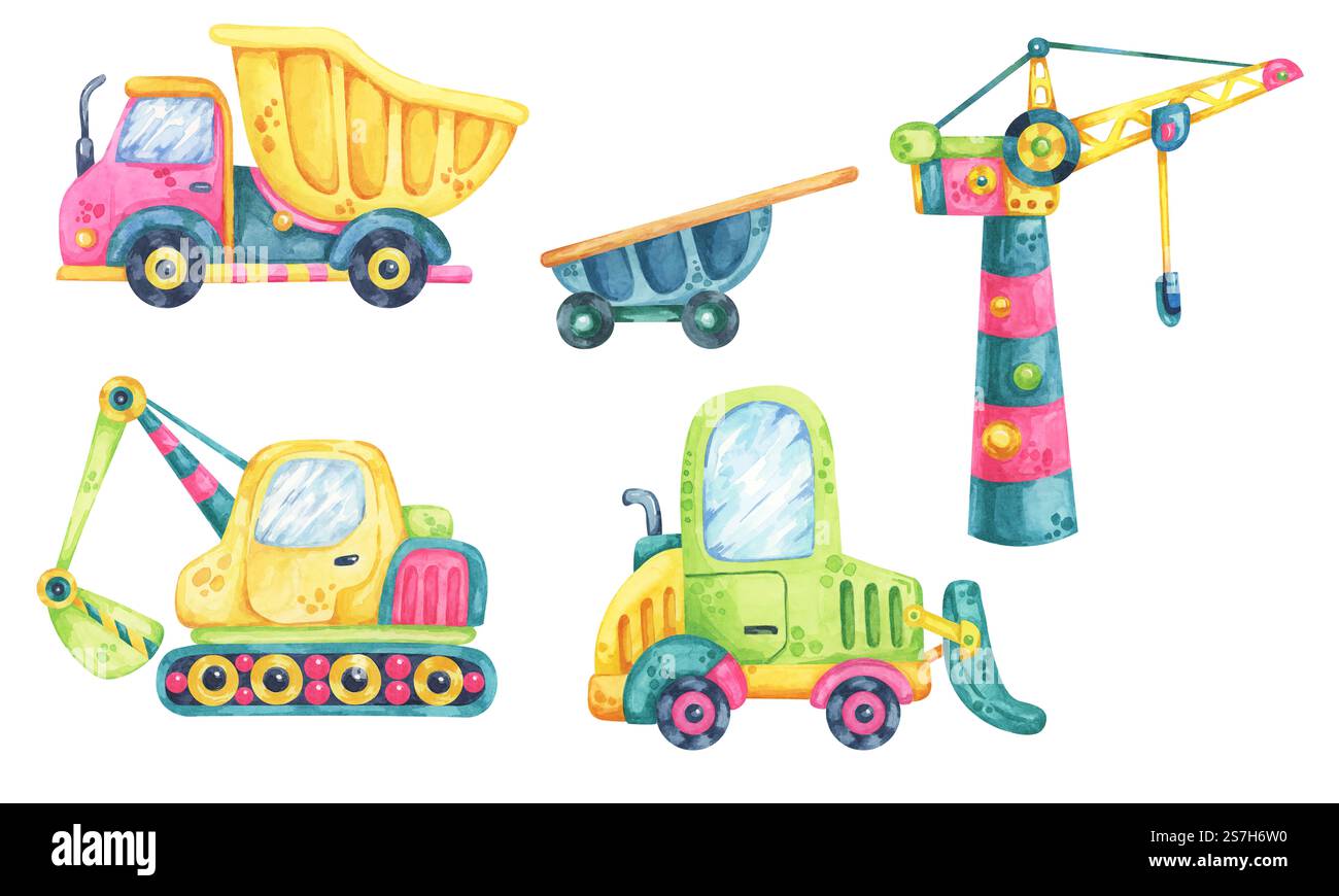 Veicoli edili luminosi. Macchinine giocattolo. Dumper rosa, carrello elevatore verde, escavatore giallo e gru colorata. Edificio per bambini, clipart acquerello. Ideale per i design delle camerette per bambini, adesivi da parete Foto Stock