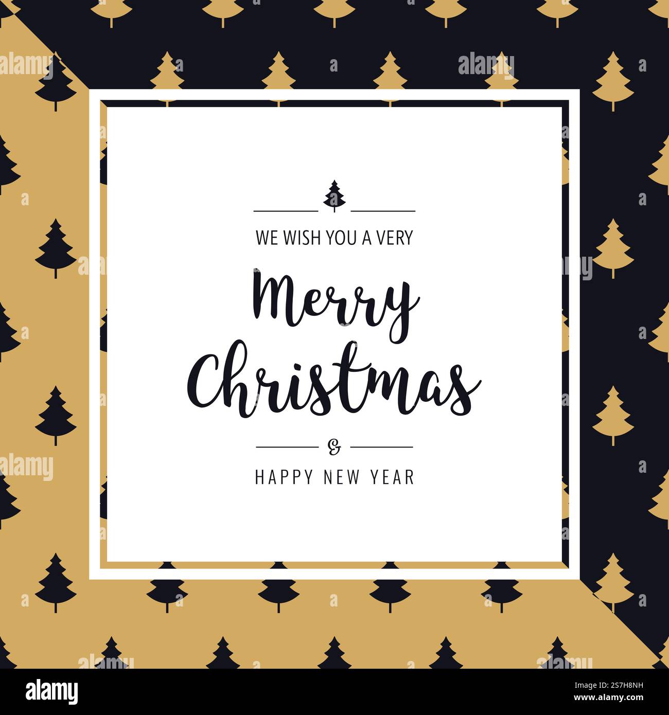 schema ad albero del biglietto di natale testo di saluto cornice bordo nero dorato sfondo triangolare Illustrazione Vettoriale