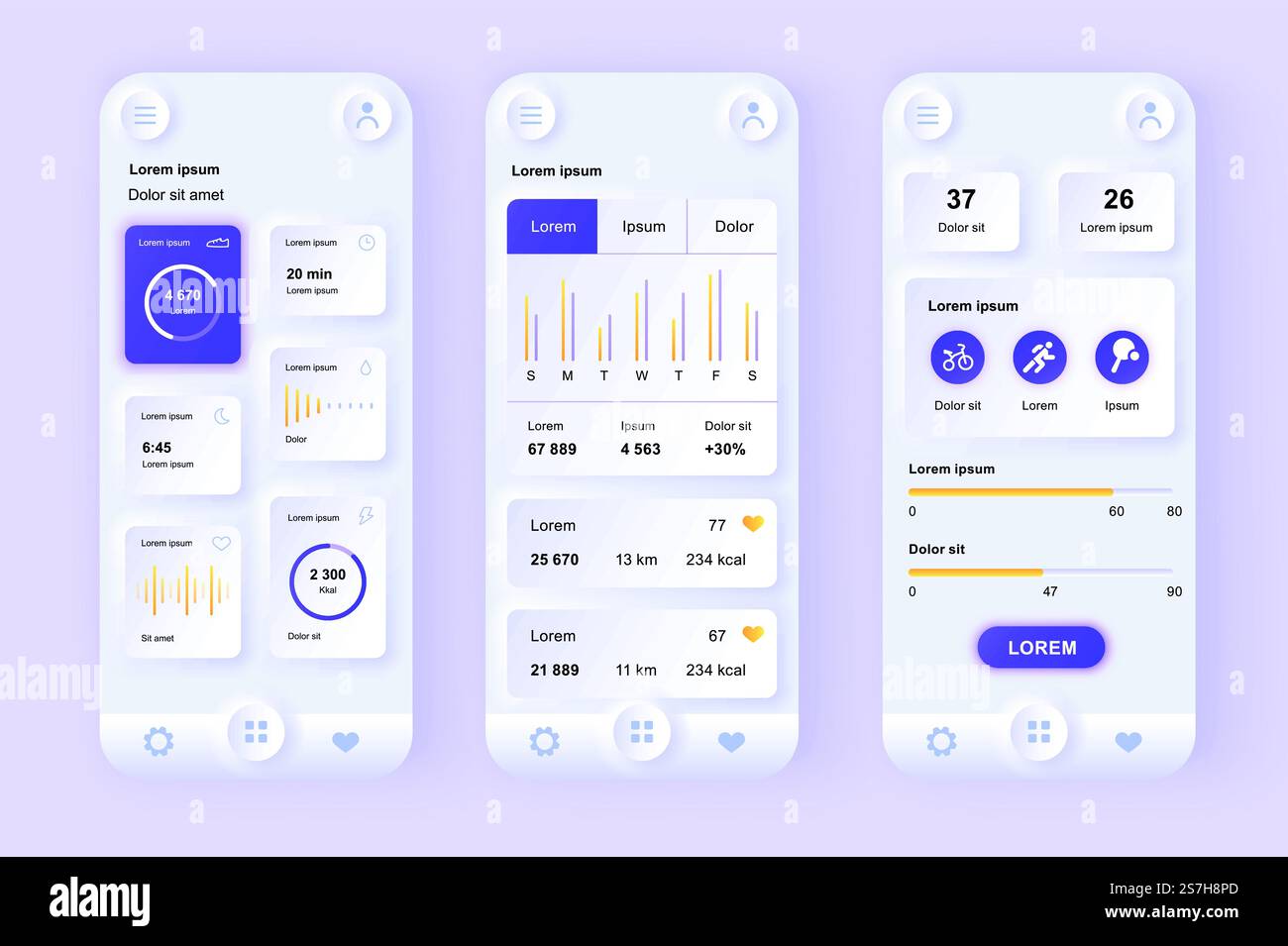 Monitoraggio di salute e attività esclusivo kit di progettazione neomorfica. Applicazione di monitoraggio personale con analisi delle attività, livello di salute attuale. Set di modelli UI UX. Illustrazione vettoriale della GUI per l'app mobile Illustrazione Vettoriale