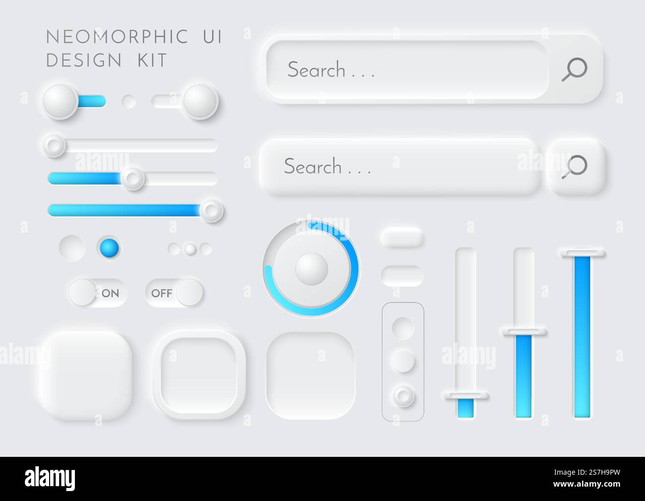 Kit interfaccia utente neomorfica vettoriale. Teamplate degli elementi di progettazione dell'interfaccia. Barre laterali, cursori, pulsanti di commutazione, pulsanti di disattivazione ed elementi di navigazione per applicazioni Web e mobili. Layout UX.. Vector UX, kit ui. Pulsanti di interfaccia, cursori impostati. Illustrazione Vettoriale