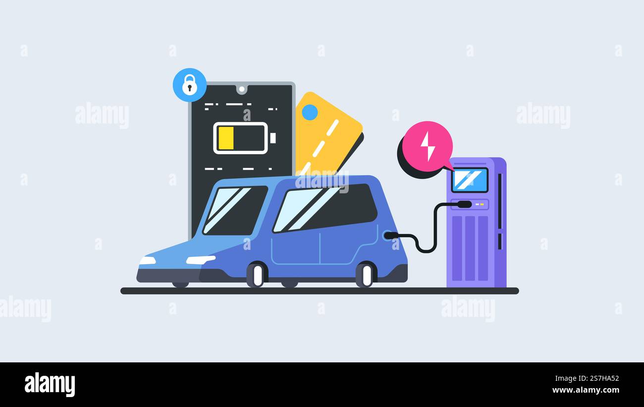 Concetto di elettromobilità e-motion. Immagine vettoriale piatta della ricarica di un'auto elettrica sul punto della stazione di ricarica. Illustrazione piatta moderna. Illustrazione Vettoriale