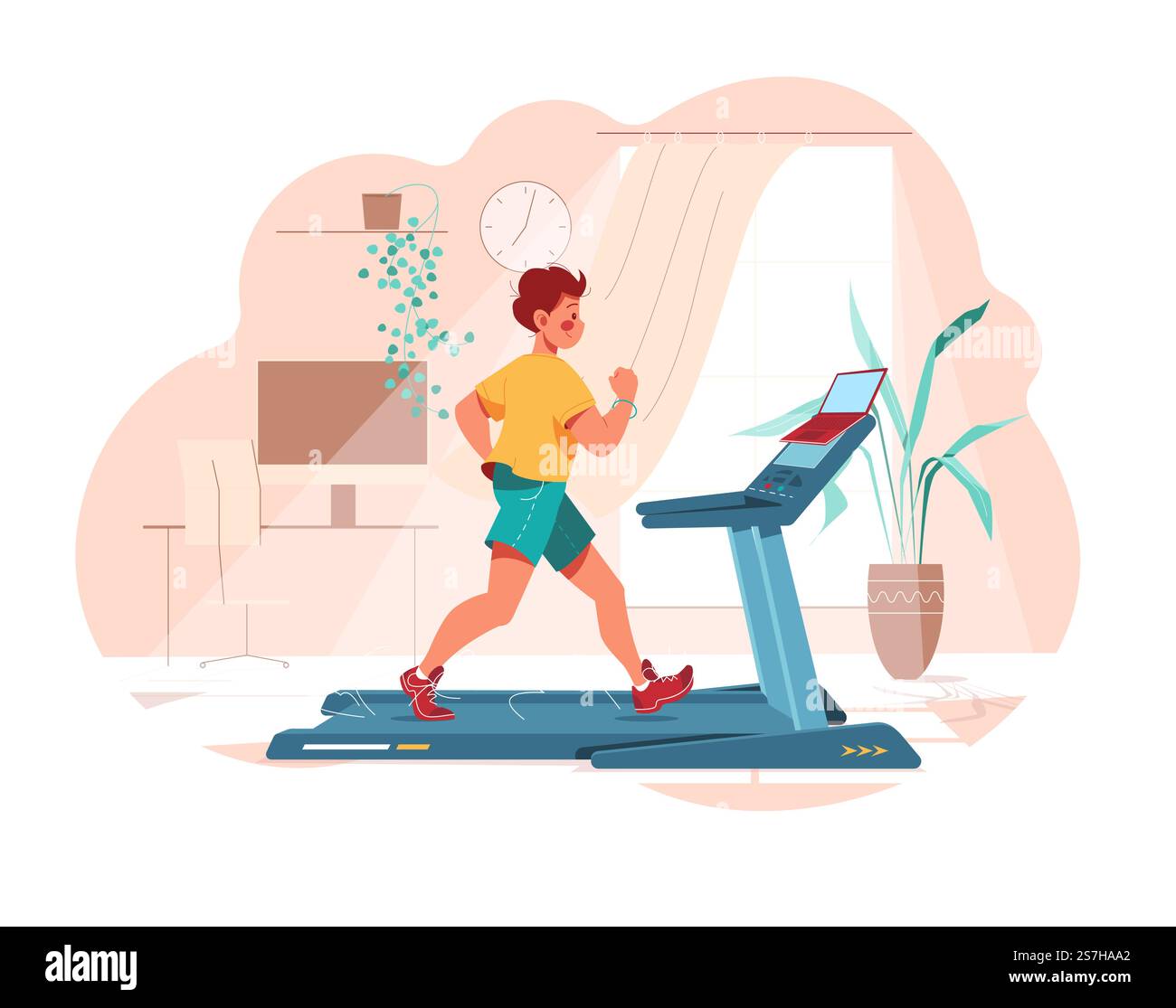 Fitness a casa. L'uomo lavora fuori sul tapis roulant. Sport in camera Illustrazione Vettoriale