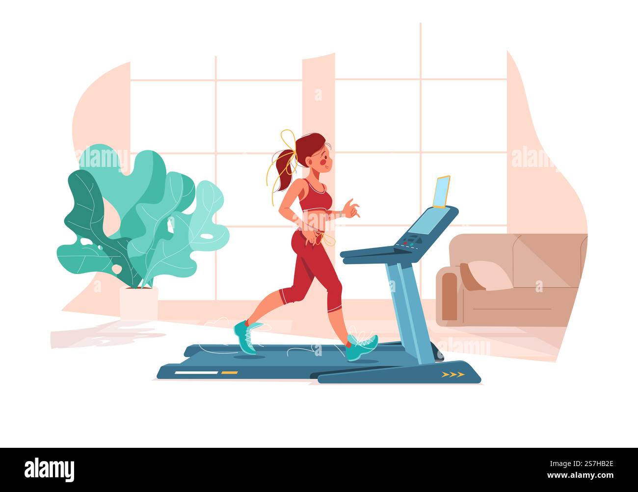 Fitness a casa. La ragazza lavora fuori sul tapis roulant. Sport in camera Illustrazione Vettoriale