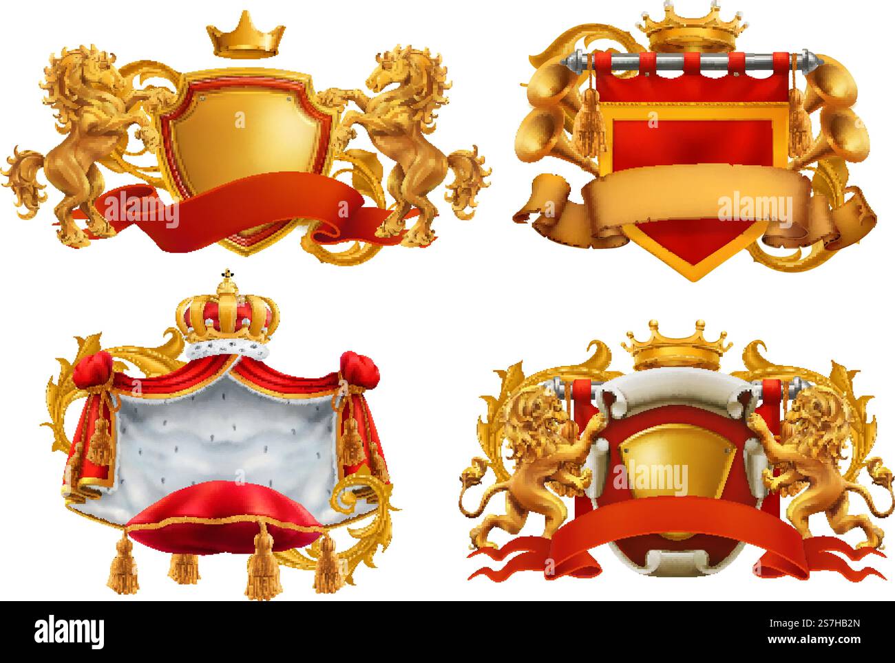 Stemma reale. Re e regno. set di emblemi vettoriali 3d. Illustrazione Vettoriale