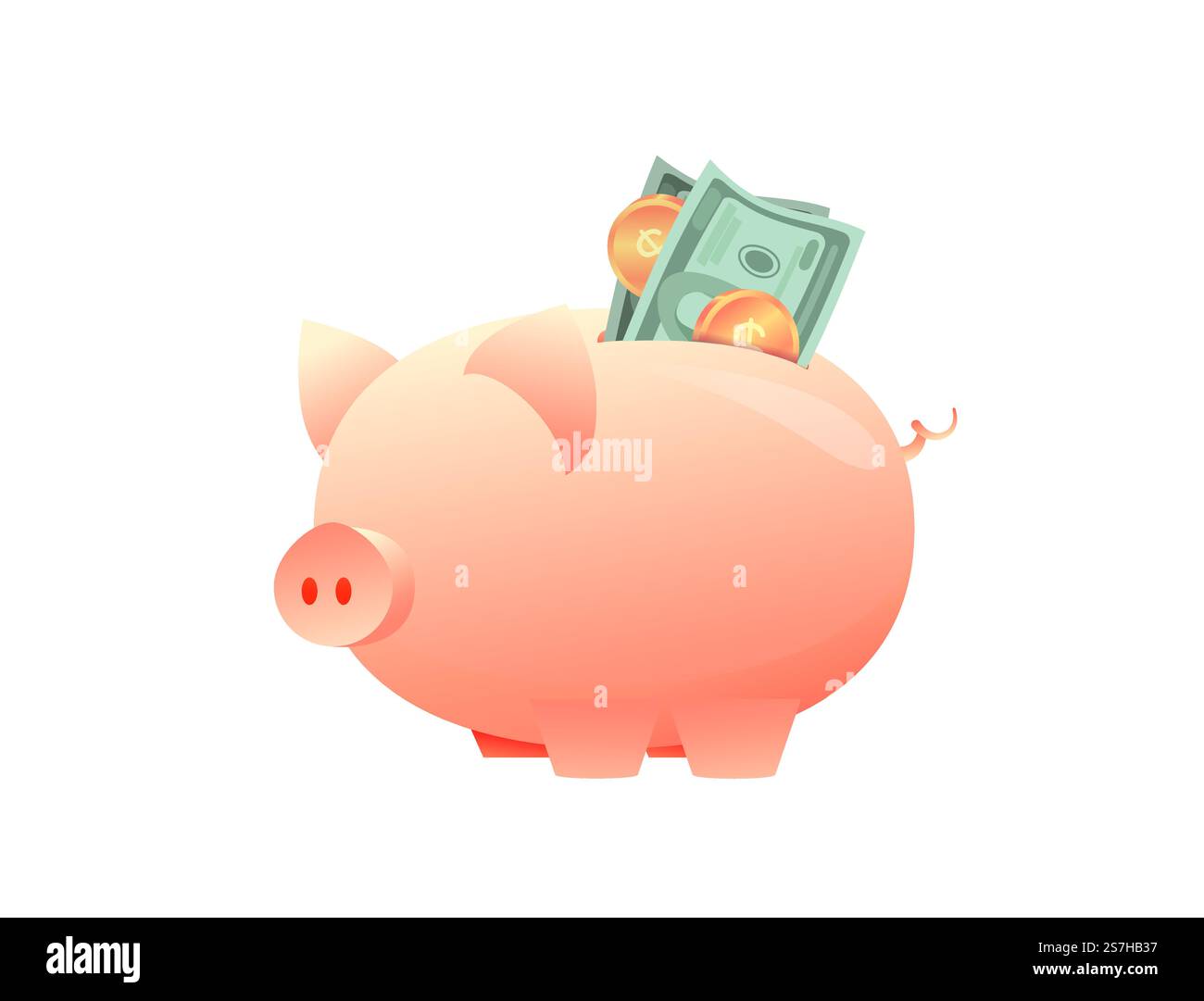 Grande salvadanaio con cartamoneta in un contesto isolato. Concetto di lavoro di squadra di successo. Metafora dell'aumento degli investimenti, dell'accumulo di capitale. Illustrazione vettoriale piatta Illustrazione Vettoriale