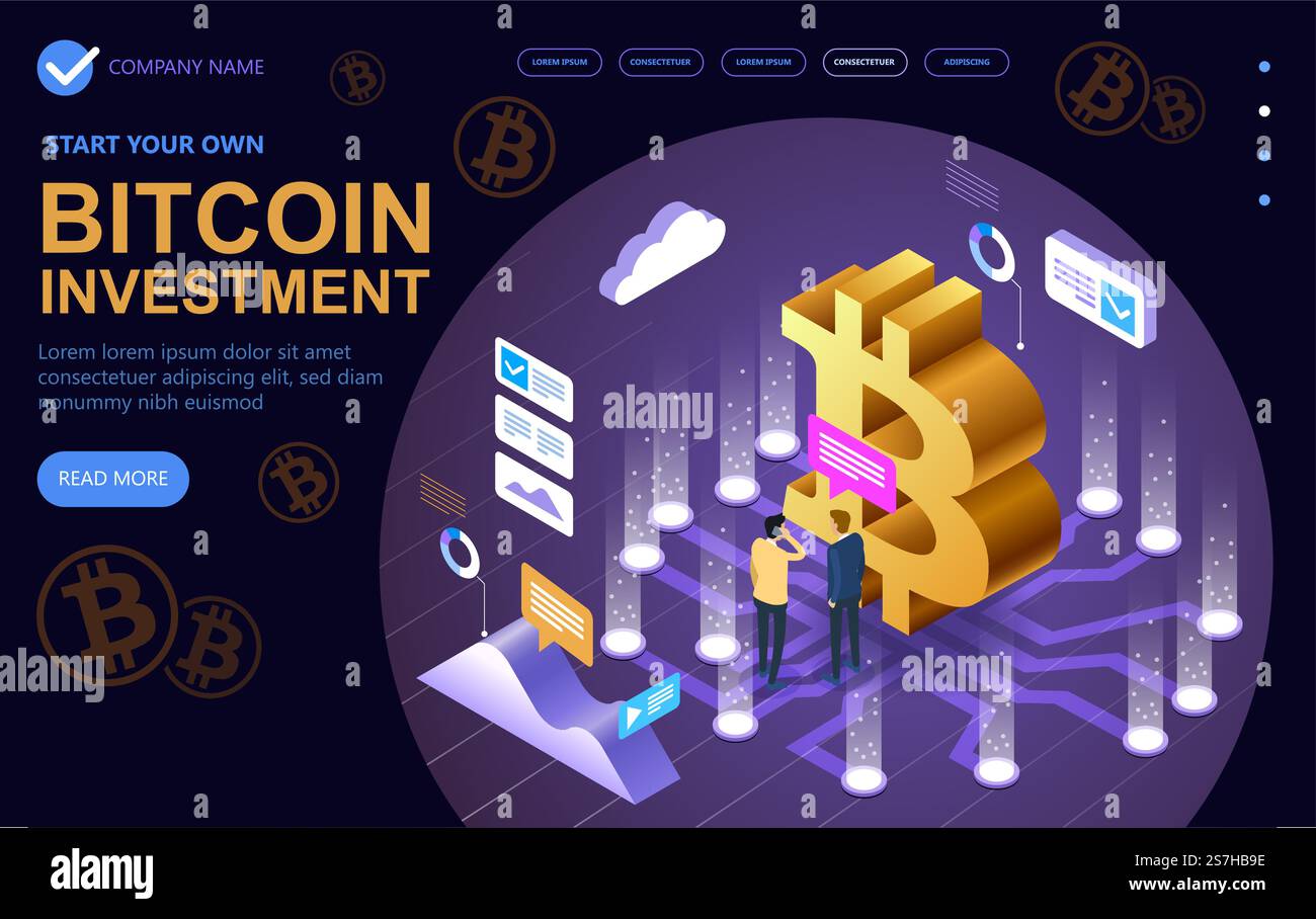 Concept moderno sito isometrico aziendale dedicato a bitcoin, banner di concetto vettoriale isometrico, concetto isometrico vettoriale di marketing e finanza. Illustrazione vettoriale Illustrazione Vettoriale