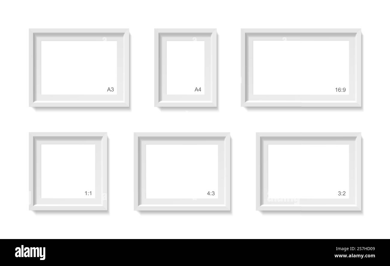 Mockup di cornici vuote. Formati e formati diversi impostati (a4, a3, 1:1, 3:2, 4:3 e 16:9) modello contenitore foto. illustrazione 3d isolata su una parete bianca. Spazio vuoto per poster cartacei. Oggetto vettoriale. Mockup di cornici vuote. Modello contenitore foto. illustrazione 3d isolata su una parete bianca. Spazio vuoto per poster cartacei. Set di oggetti vettoriali Illustrazione Vettoriale