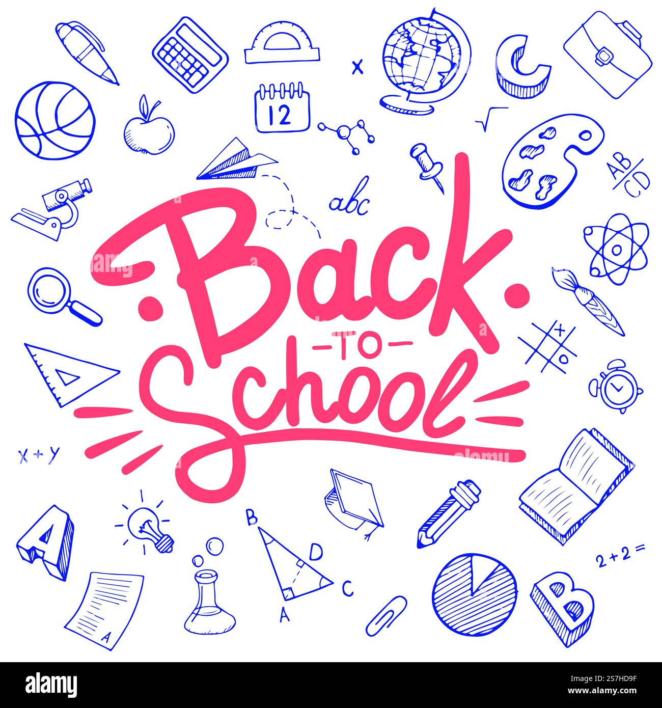 Scritta di ritorno a scuola con cornice circolare a doodle su sfondo bianco. Materiale per schizzi didattici disegnati a mano. Tipografia ritorno a scuola per banner, poster, volantini. Illustrazione Vettoriale