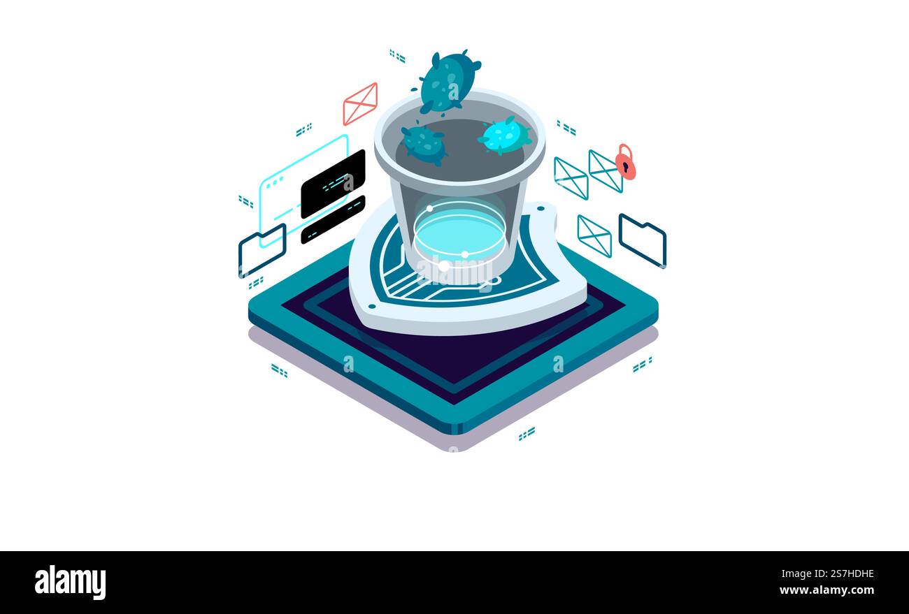 Protezione dei dati, sistema antivirus, protezione da programmi e applicazioni dannosi. Protezione dei dati, sistema antivirus, protezione da programmi e applicazioni dannosi. Concetto di visualizzazione dei dati. illustrazione del vettore isometrico 3d. Illustrazione Vettoriale