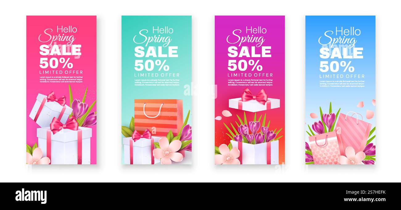 Volantini di vendita di primavera . Crocchi e fiori di mela con sacchetti regalo su sfondo blu, rosa e verde. Set di volantini vettoriali. Illustrazione Vettoriale