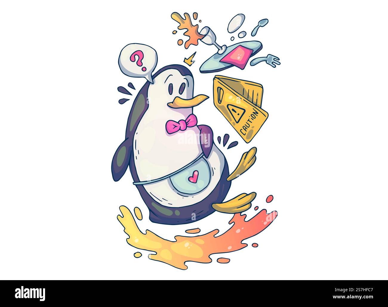 Un goffo cameriere di pinguini. Illustrazione creativa dei cartoni animati. Immagine per stampa, pubblicità, applicazioni e stampa di magliette. Illustrazione Vettoriale