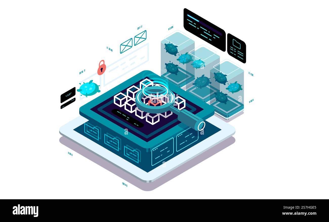 Protezione dei dati, sistema antivirus, protezione da programmi e applicazioni dannosi. Protezione dei dati, sistema antivirus, protezione da programmi e applicazioni dannosi. Concetto di visualizzazione dei dati. illustrazione del vettore isometrico 3d. Illustrazione Vettoriale