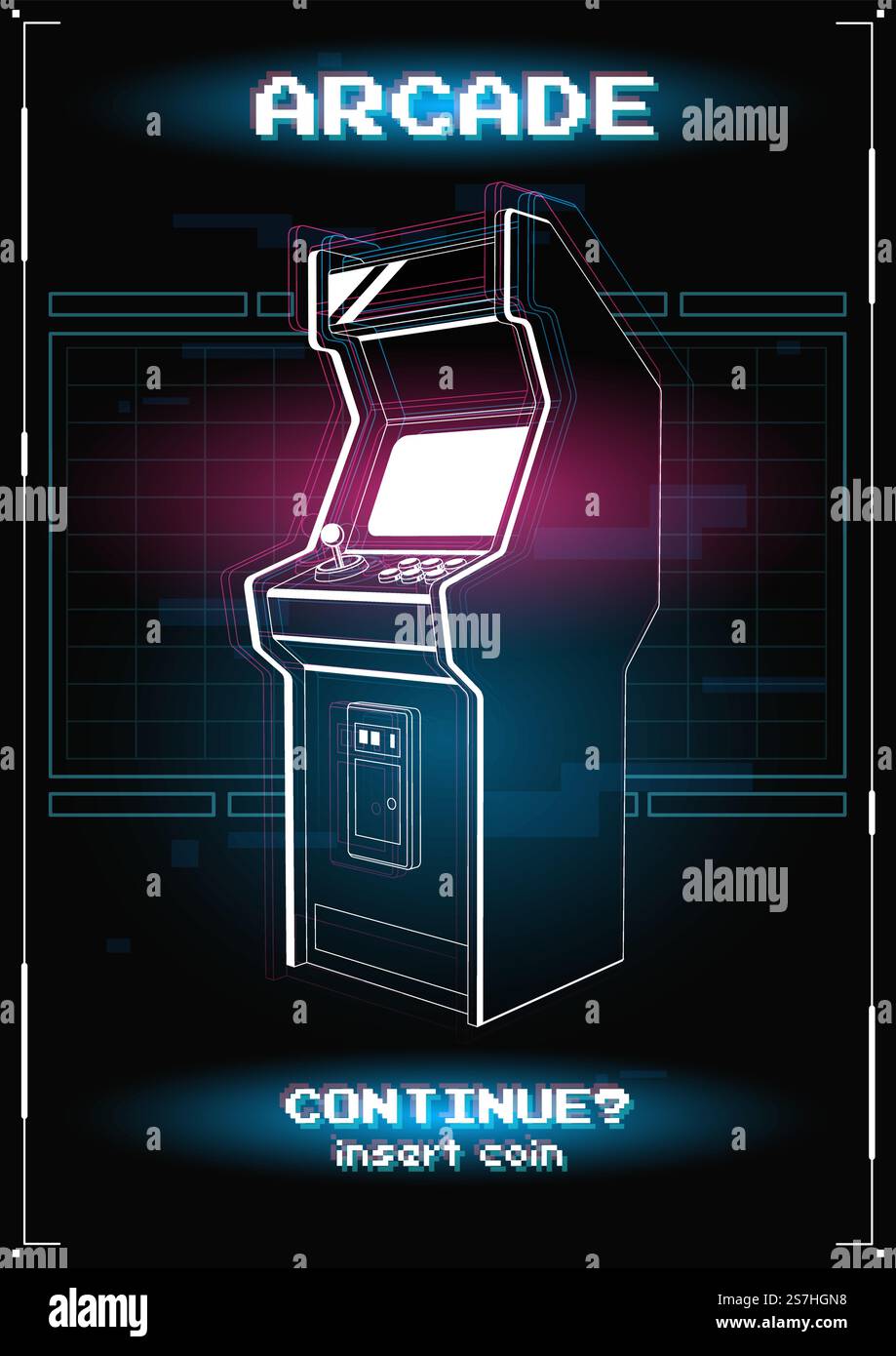 Illustrazione al neon della macchina da gioco Arcade. Videogame rétro, gioco degli anni '80 e '90 Tecnologia e concetto di intrattenimento. Design della pubblicità. Illustrazione Vettoriale