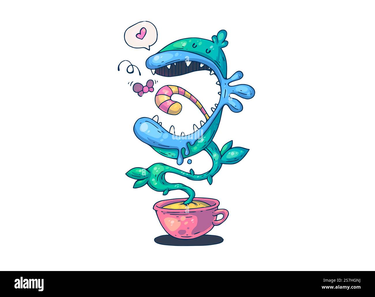 Divertente pianta predatoria. Illustrazione creativa dei cartoni animati. Immagine per stampa, pubblicità, applicazioni e stampa di magliette. Illustrazione Vettoriale