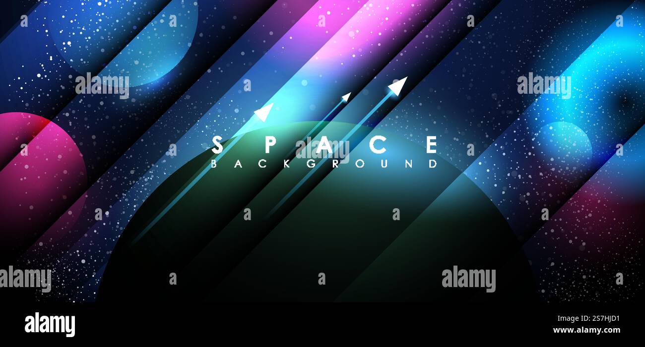 Astratto pianeta con alba nello spazio. Web design. esplorazione dello spazio. Universo iperspaziale futuristico astratto. Illustrazione Vettoriale