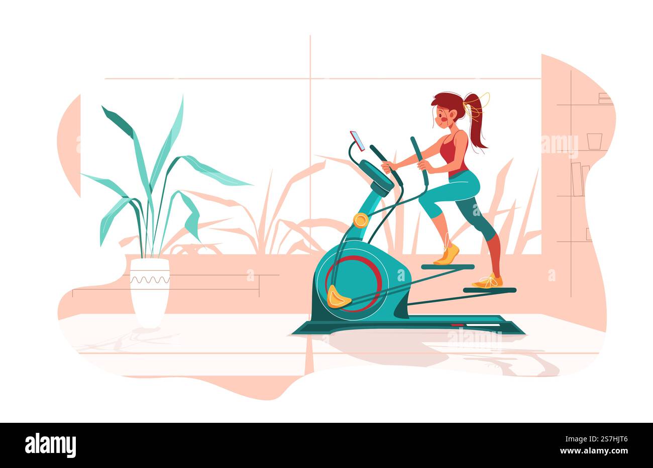Fitness a casa. La ragazza lavora su una macchina per lo stepper in camera Illustrazione Vettoriale