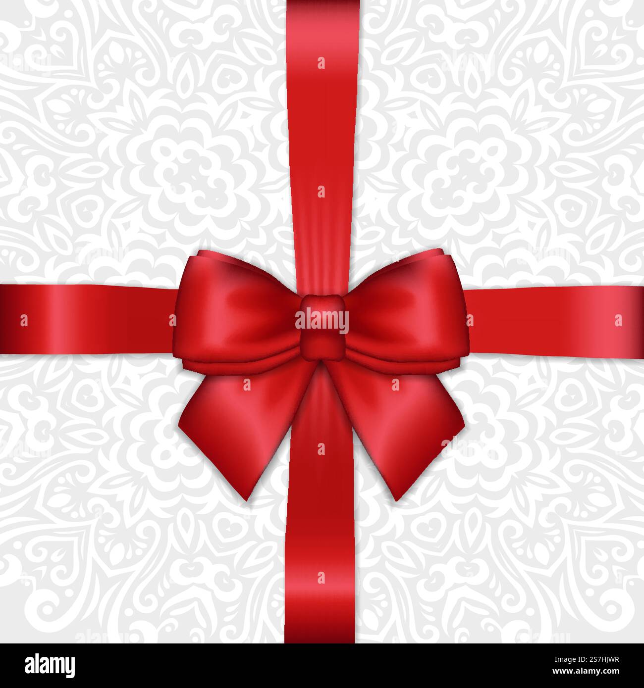 Fiocco di raso rosso brillante per le festività su sfondo ornamentale in pizzo bianco. Modello vettoriale per messaggi di saluto, inviti, biglietti Illustrazione Vettoriale