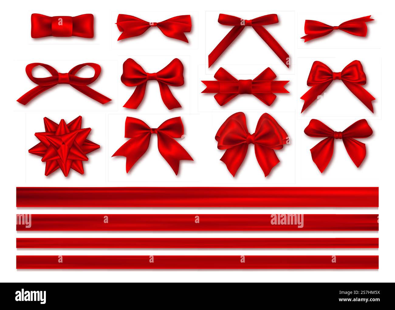 Fiocchi con set di nastri, design decorativo e festoso. Nastro in raso per feste di lusso realistico per set vettoriali 3D. Set di fiocco regalo rosso Illustrazione Vettoriale