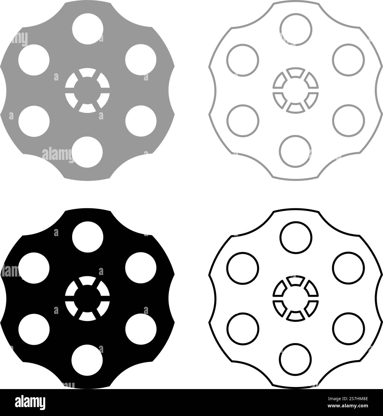 Il tamburo dell'icona del set revolver immagine vettoriale di colore grigio nero immagine semplice contorno di riempimento continuo linea di contorno sottile stile piatto. Il tamburo dell'icona del set di revolver immagine vettoriale di colore grigio nero contorno riempimento continuo linea di contorno sottile stile piatto Illustrazione Vettoriale