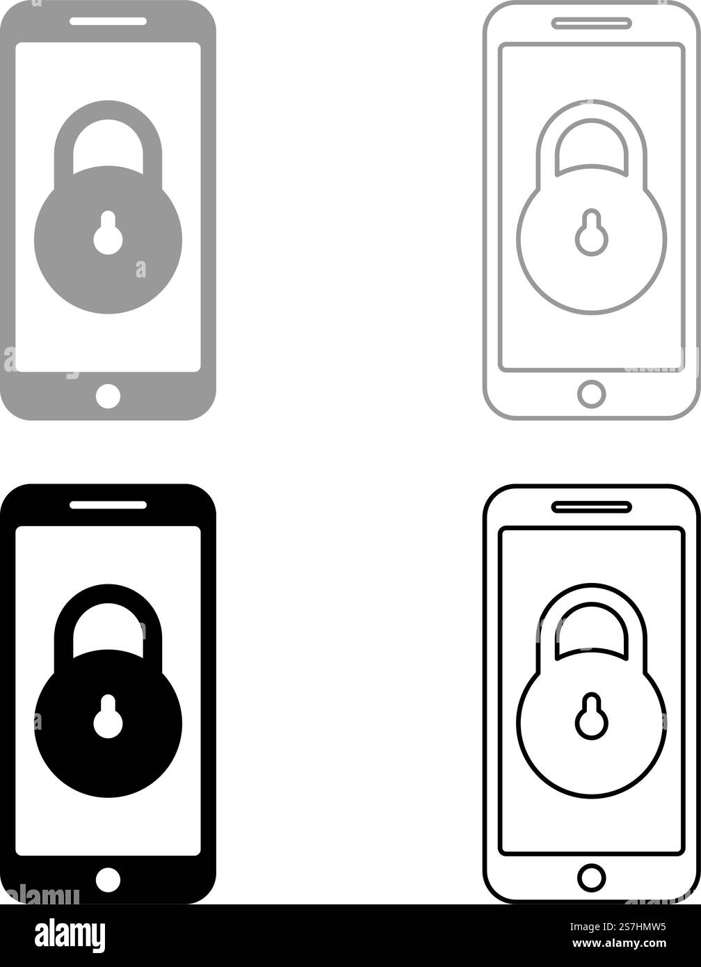 Blocco smartphone sicurezza dei dati personali accesso cibernetico telefono bloccato lucchetto cellulare uso icona set grigio nero immagine vettoriale semplice contorno pieno linea di contorno sottile stile piatto. Blocco smartphone sicurezza dei dati personali accesso cibernetico telefono bloccato lucchetto cellulare uso icona set grigio nero immagine vettoriale riempimento solido contorno linea sottile stile piatto Illustrazione Vettoriale