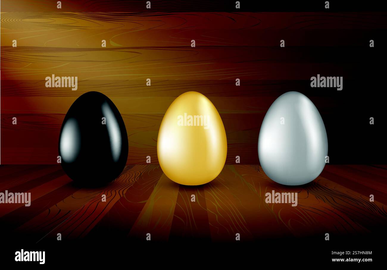 Raccolta di uova dorate, argentate e nere su fondo in legno. Set di uova di Pasqua in un salone di legno, concetto di investimento. Illustrazione 3d vettoriale realistica. Collezione di uova d'oro, nero e argento su sfondo in legno Illustrazione Vettoriale