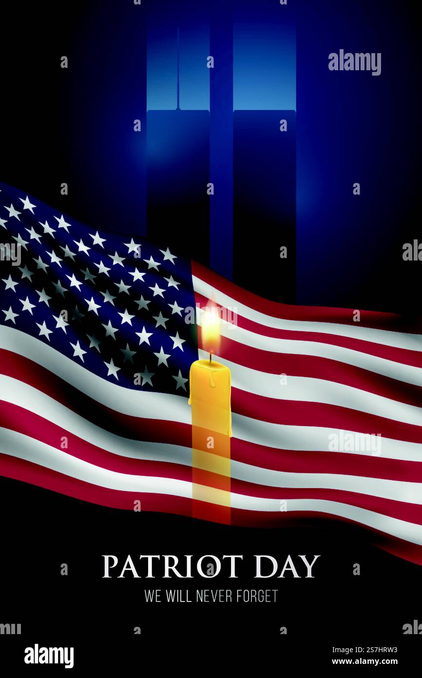 Banner verticale Patriot Day. Non lo dimenticheremo mai. Candela accesa sullo sfondo della bandiera americana e delle Twin Towers, New York. Illustrazione del vettore stock. Illustrazione Vettoriale