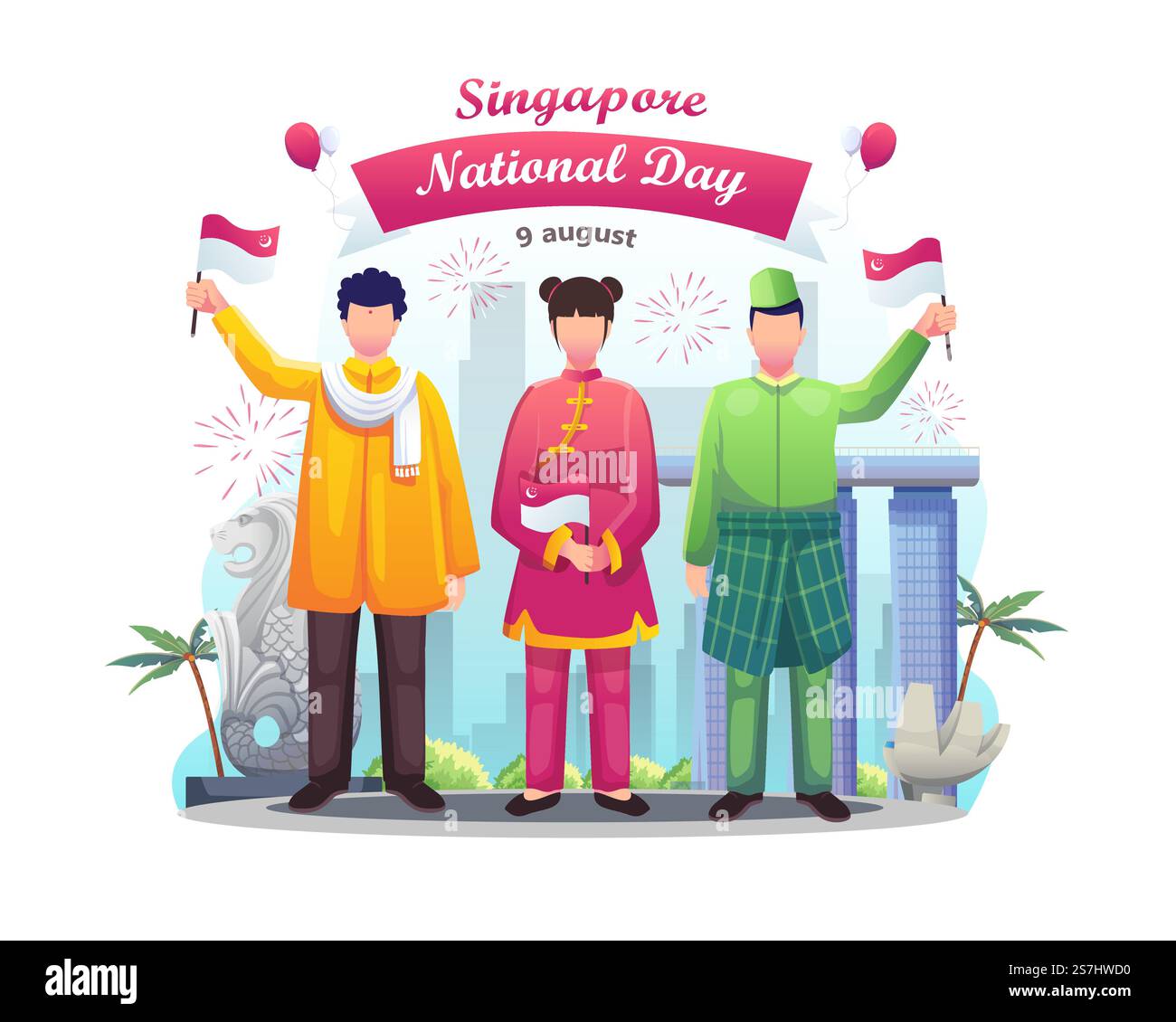 Persone in culture diverse celebrano Singapore&rsquo;s giorno dell'indipendenza il 9 agosto. Illustrazione vettoriale piatta Illustrazione Vettoriale
