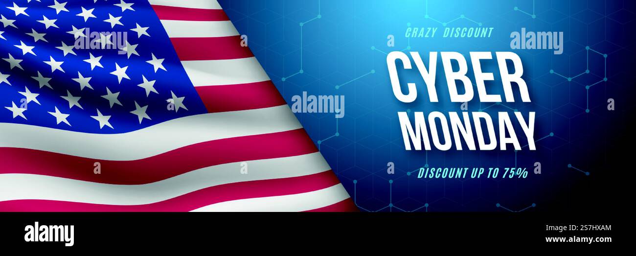 Banner festivo Cyber Monday con bandiera USA e microcircuito blu. Modello banner di vendita per promozione aziendale, Web, social network. Illustrazione vettoriale stock. Illustrazione Vettoriale