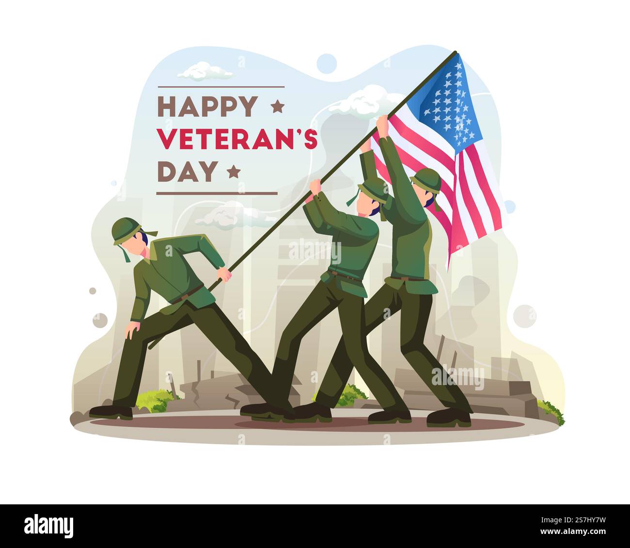 Happy Veteran&rsquo;s Day Celebration with Soldiers sta lottando per sollevare la bandiera degli Stati Uniti in occasione del Veterans Day. illustrazione vettoriale Illustrazione Vettoriale