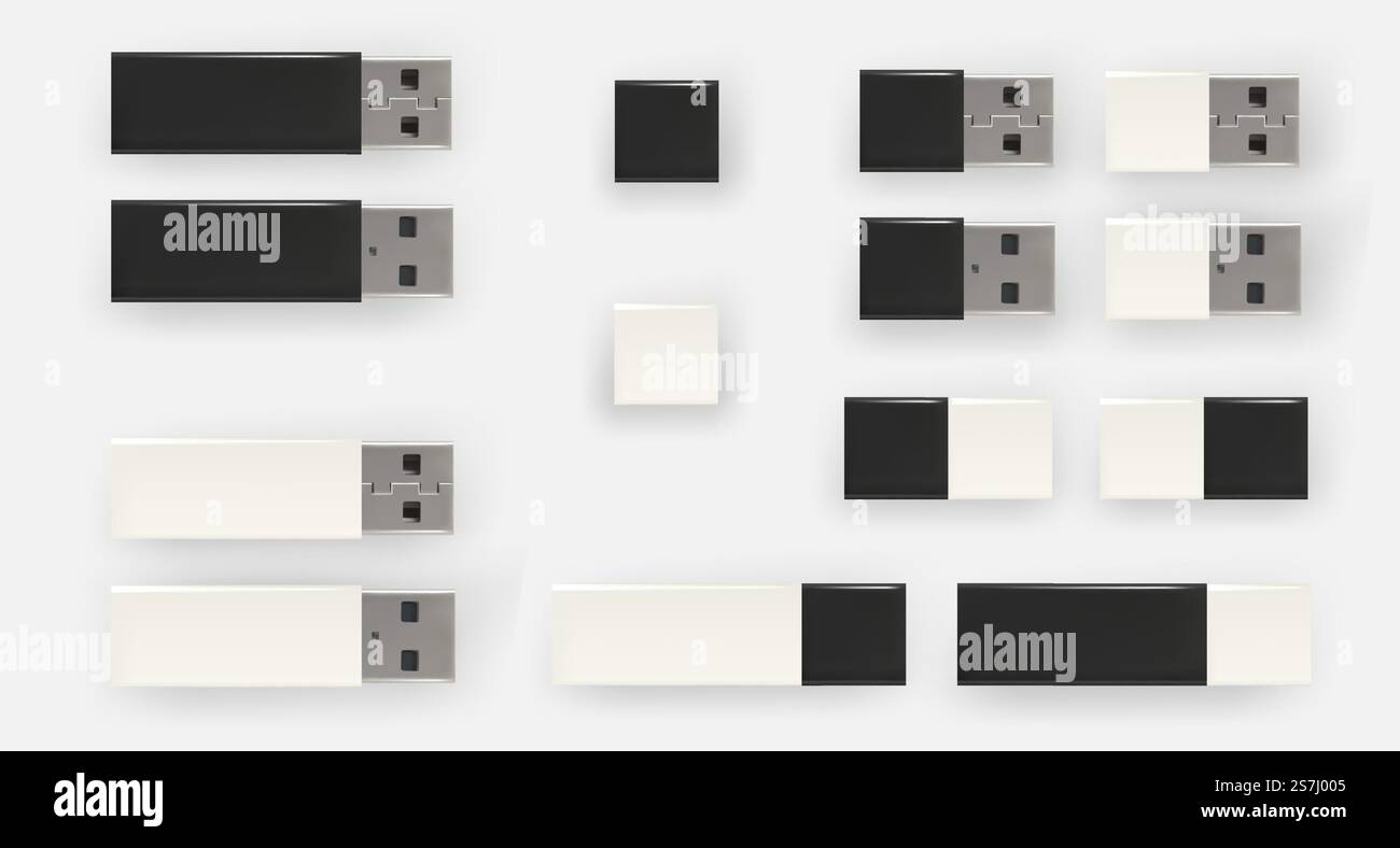 Unità penna USB, dischi flash in bianco e nero. Unità flash USB. Isolato. Vettore. Illustrazione Vettoriale