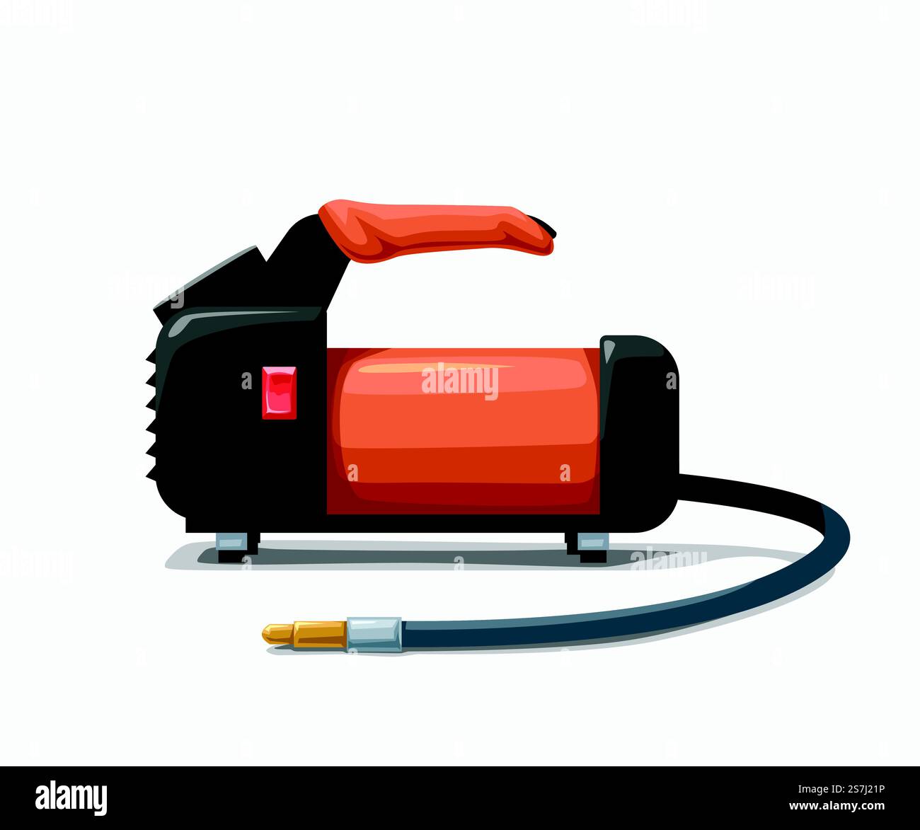 immagine del compressore dell'aria per auto per la vista laterale degli pneumatici su sfondo bianco. pompa dell'aria per auto di colore arancione su bianco Illustrazione Vettoriale