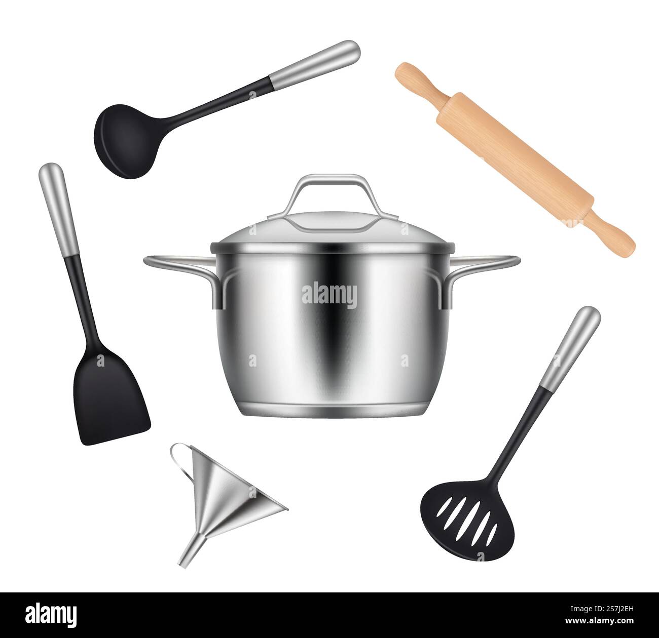 Oggetti da cucina. Oggetti realistici per cucinare griglie padelle coltelli forchette mestoli utensili vettoriali. Utensili da cucina in acciaio inox realistico per l'illustrazione della cucina. Oggetti da cucina. Oggetti realistici per cucinare griglie padelle coltelli forchette mestoli utensili vettoriali Illustrazione Vettoriale