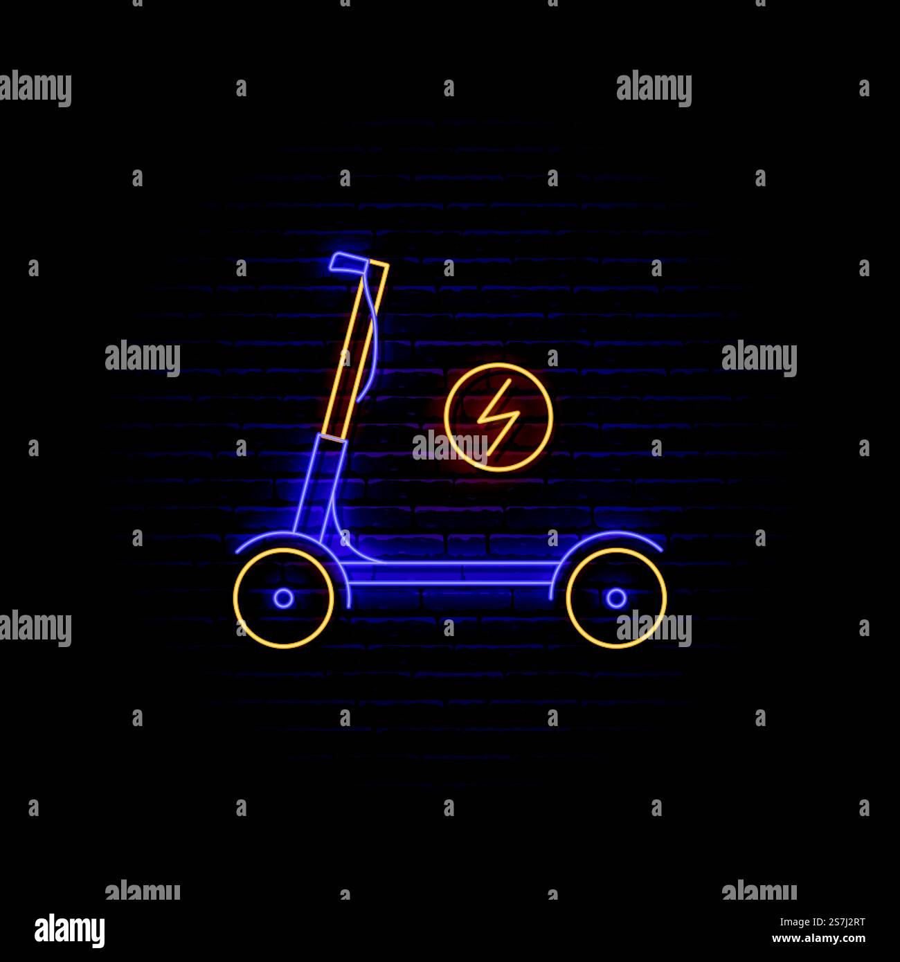 Cartello per scooter elettrico al neon. Emblema scintillante dello scooter in stile neon. Icona del servizio di noleggio scooter vettoriale per Web e app. Illustrazione Vettoriale