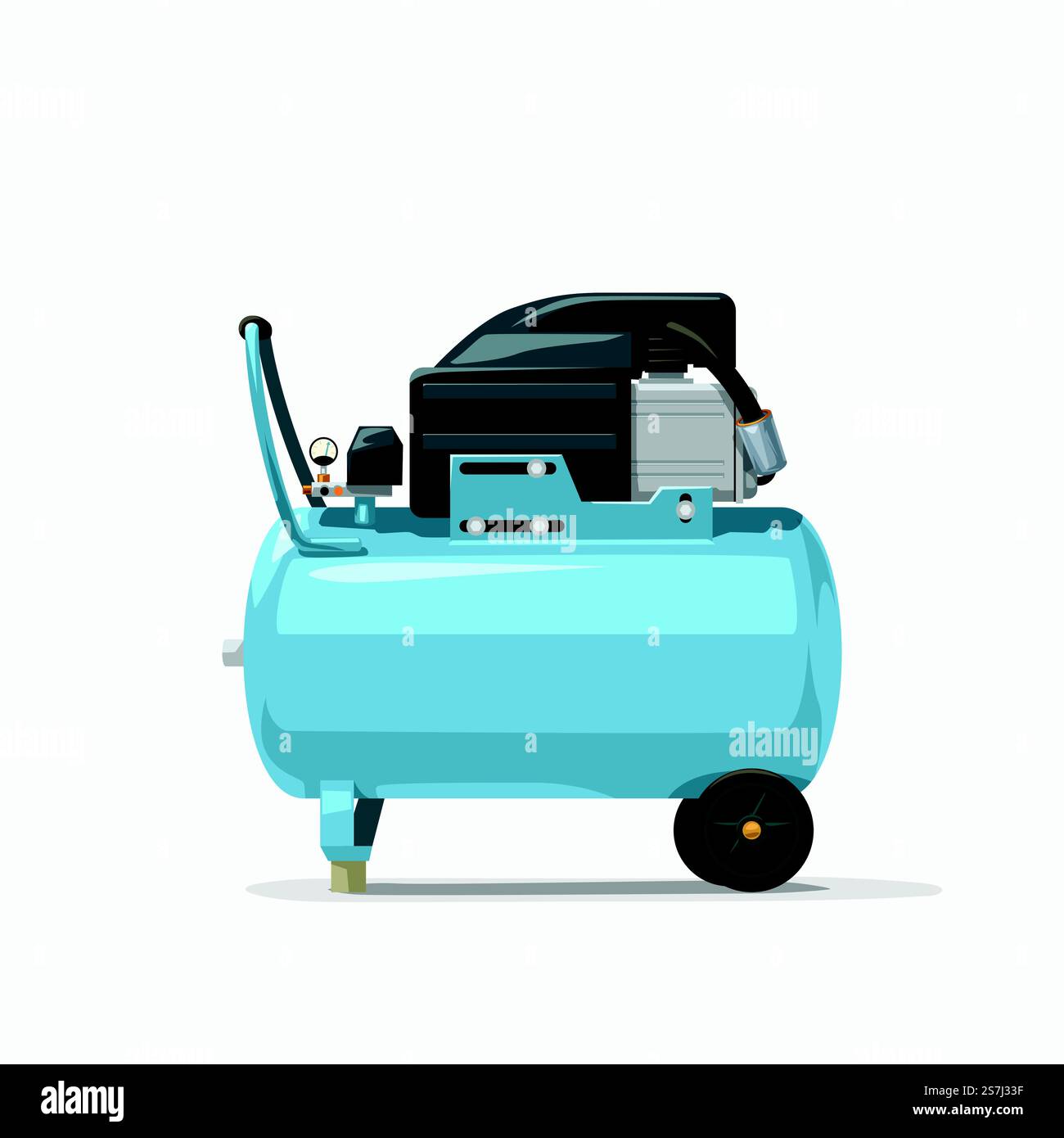 immagine della vista laterale blu del compressore dell'aria su sfondo bianco. vista laterale compressore aria blu su bianco Illustrazione Vettoriale